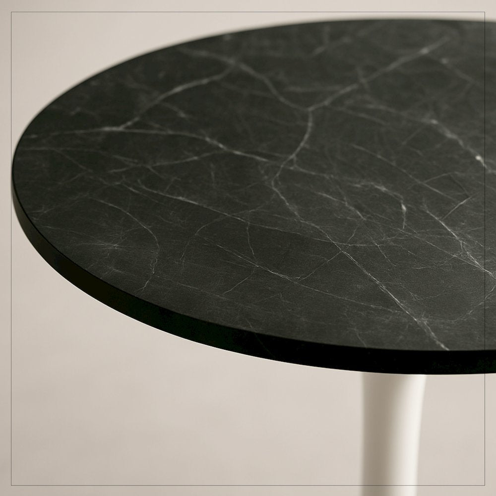 Bristol Dining table, White Base with 36" Round Marbleized Black MDF top