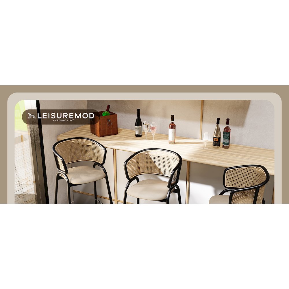Ervilla Wicker Bar Stool with Fabric Seat and Black Steel Frame - Beige Leather