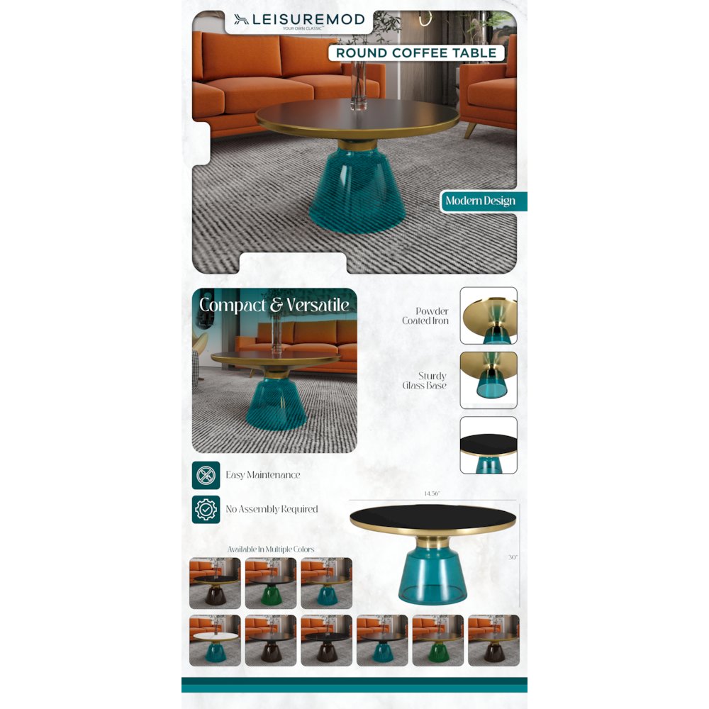 Tully Collection Glass Coffee Table Blue glass, Gold Rim with Black Glass top