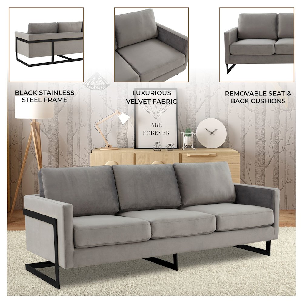 Lincoln Light Grey Velvet Sofa With Black Frame