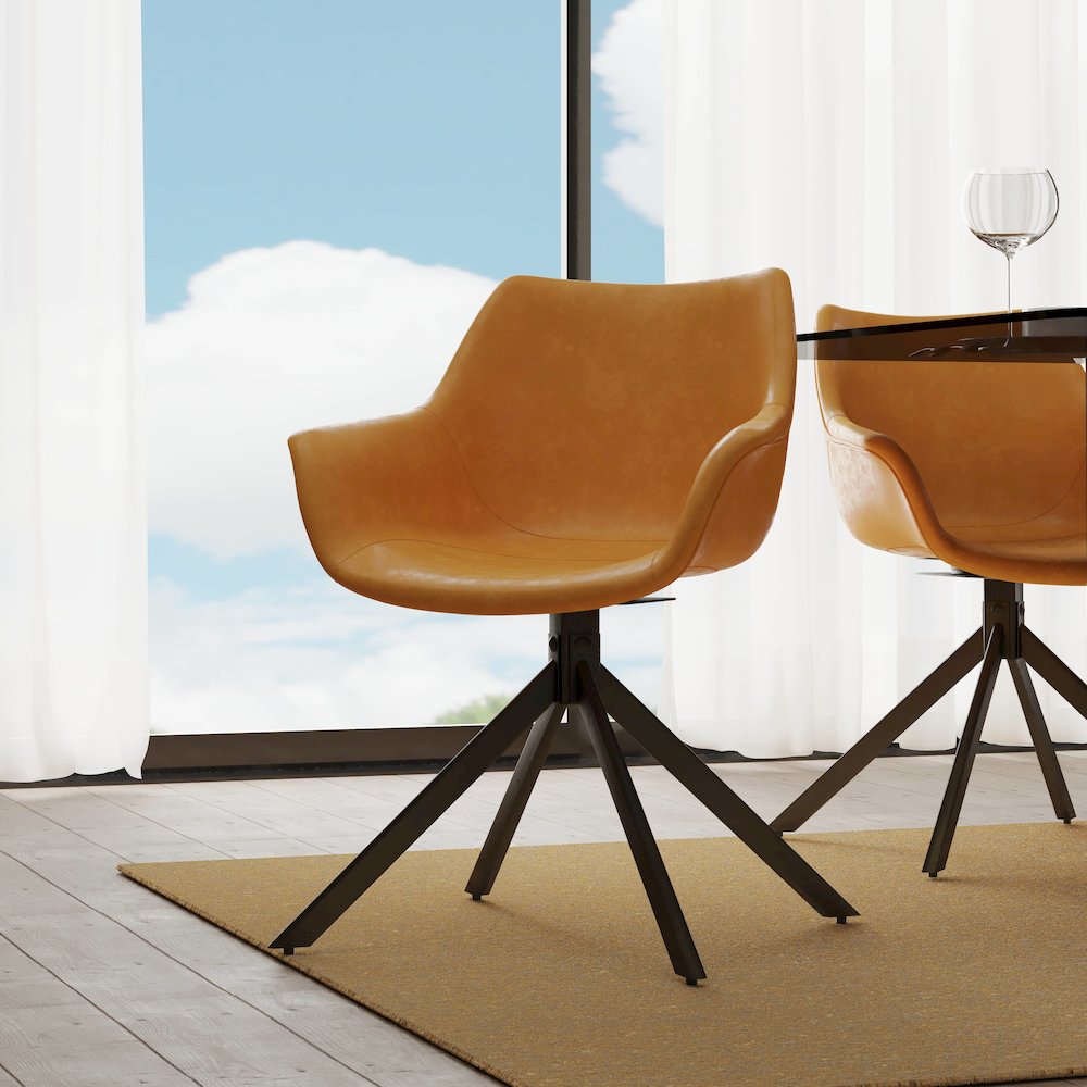 Markley Modern Leather Dining Swival Arm Chair in Light Brown