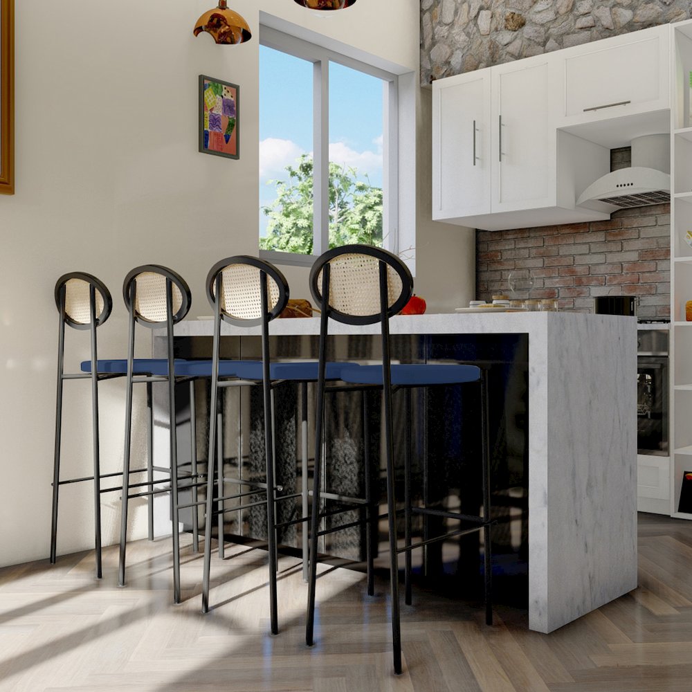 Euston Modern Wicker Bar Stool With Black Steel Frame in Navy Blue