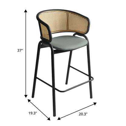 Ervilla Wicker Bar Stool with Fabric Seat and Black Steel Frame - Grey Leather