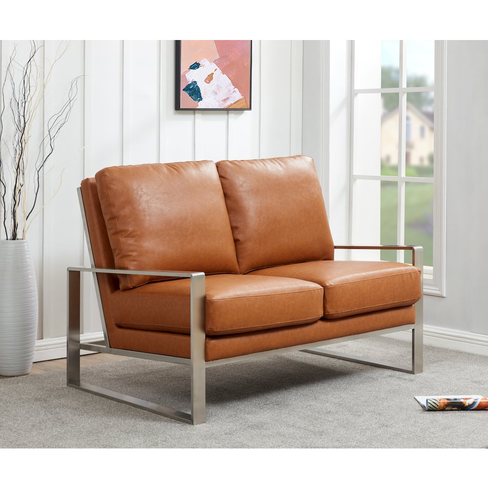 Jefferson Contemporary Modern Faux Leather Loveseat With Silver Frame