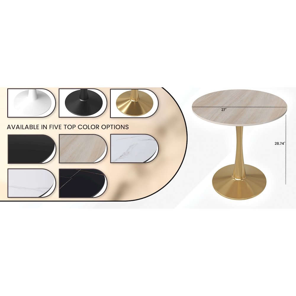 Bristol 27" round dining table Gold base with marbled MDF top
