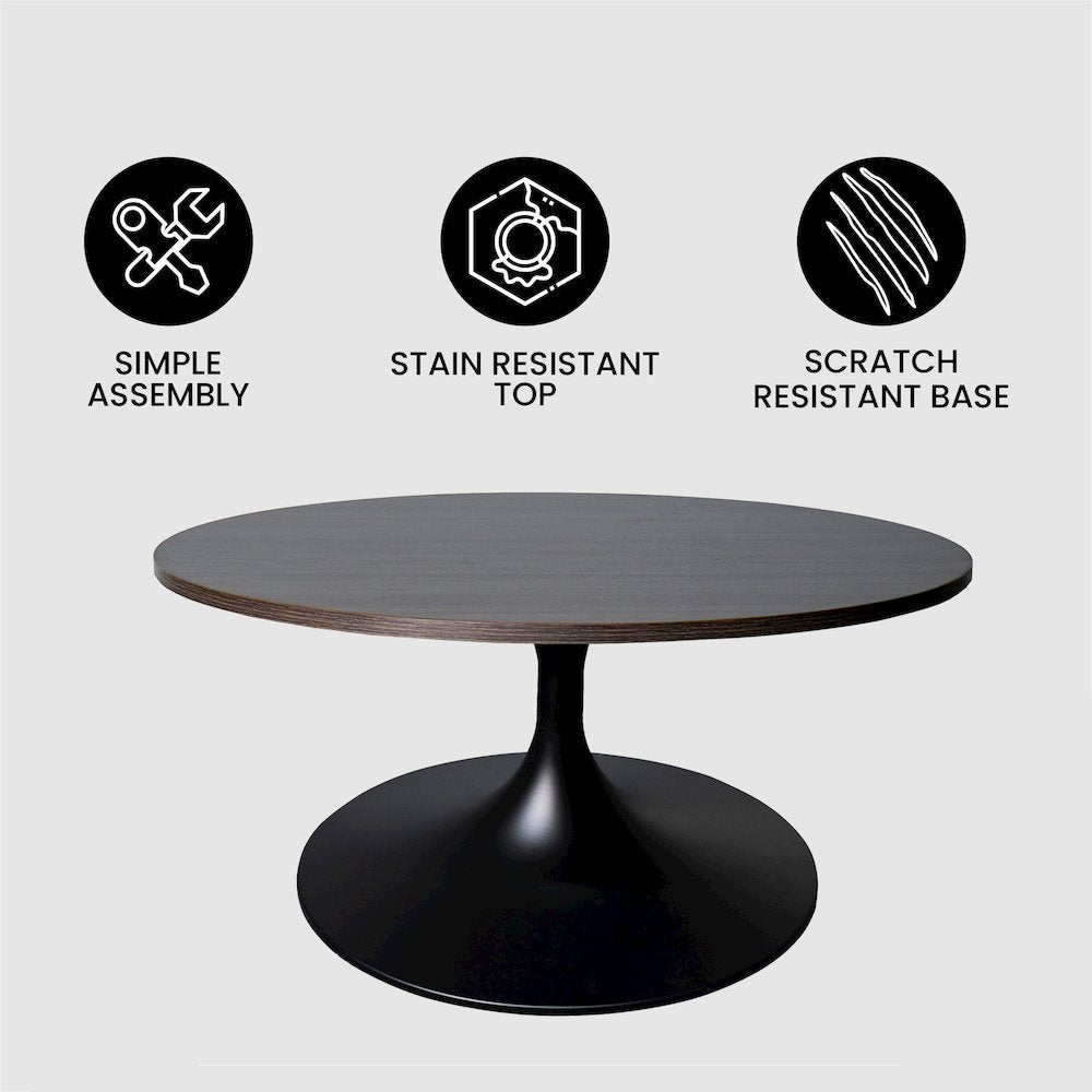 Verve Coffee Table Black base with 27" round Dark Brown Wood MDF top