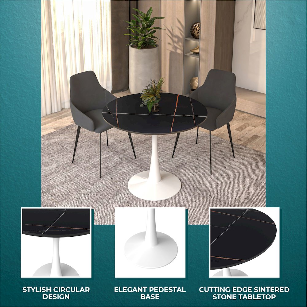 Bristol 35" round dining table White base with Black Sintered stone Top