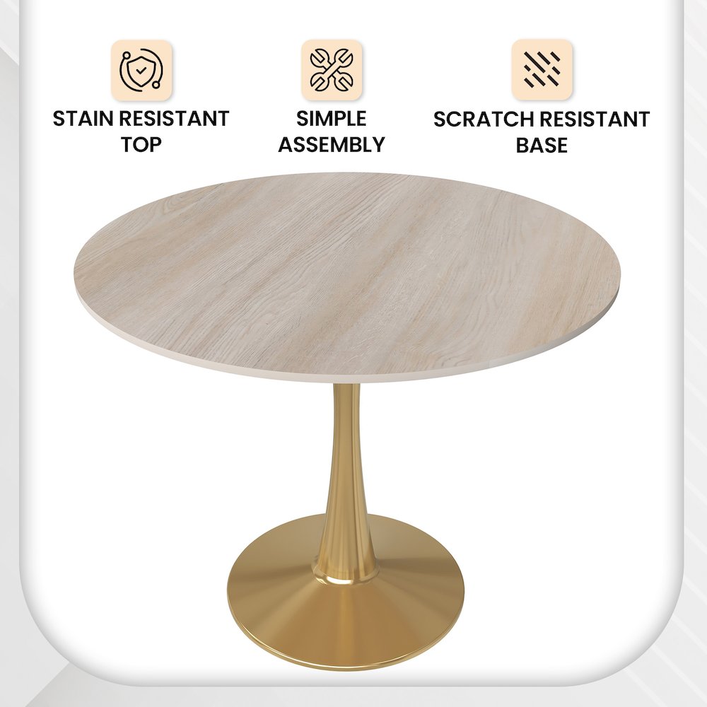 Bristol 35" round dining table Gold Base With Natural Wood Top