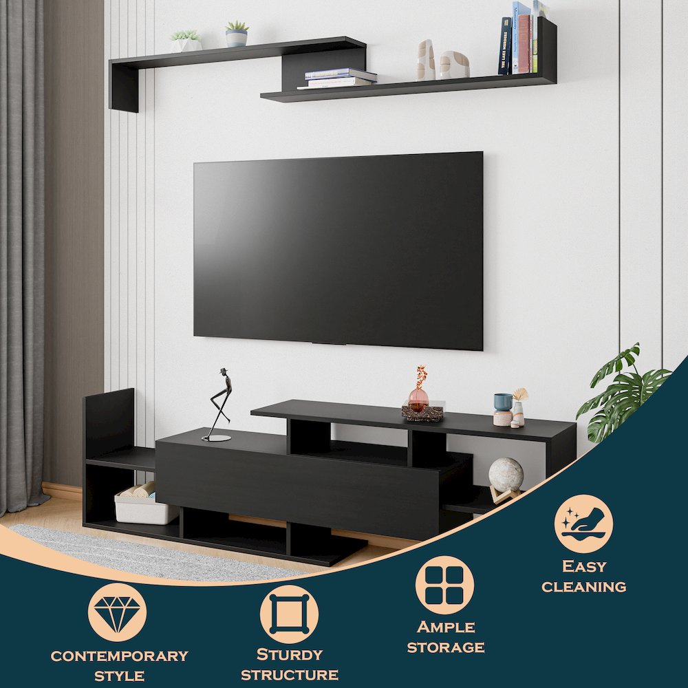 Surrey Modern TV Stand with MDF Shelves and Bookcase in Ebony