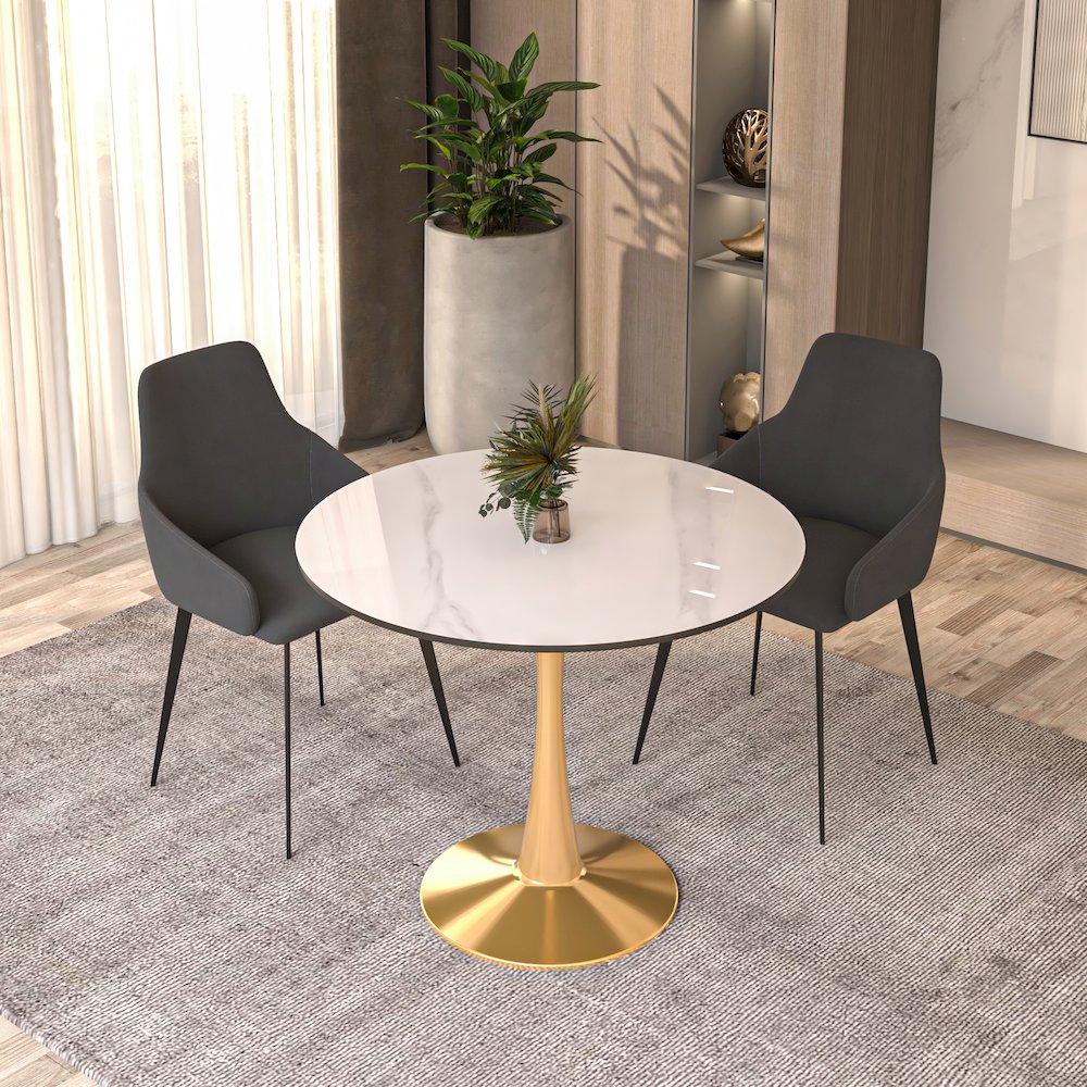 Bristol 35" round dining table Gold base with White Sintered stone Top