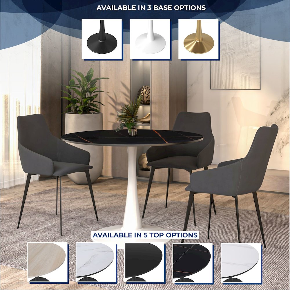 Bristol 40" round dining table White base with Black Sintered stone Top