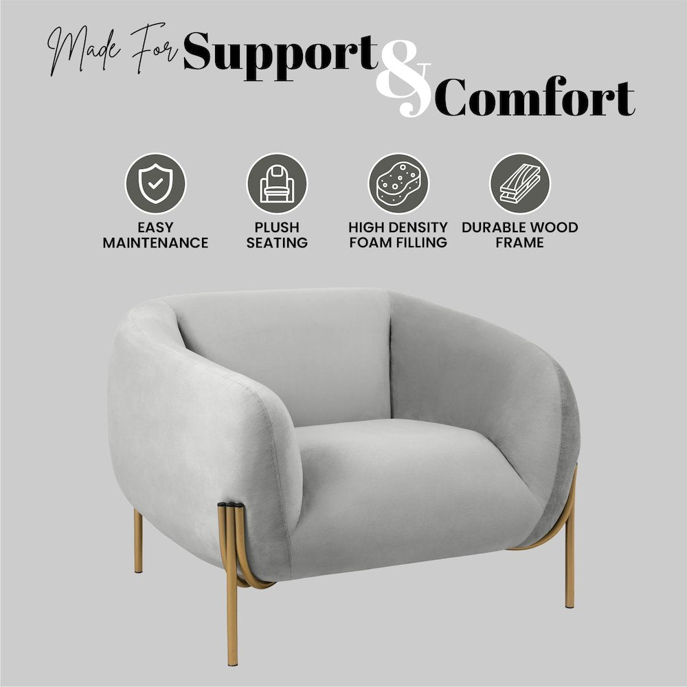 Zuno Collection Modern Single Seater Sofa in Light Grey Velvet