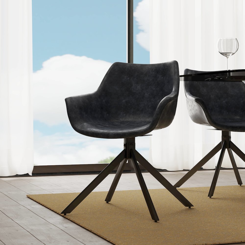Markley Modern Leather Dining Swival Arm Chair in Black
