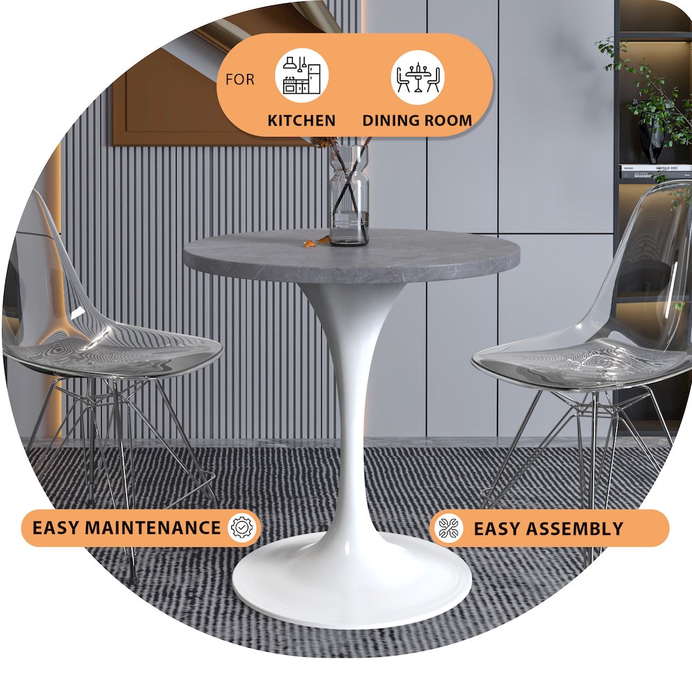 Verve Collection 27 Round Dining Table, White Base with Sintered Stone Grey Top