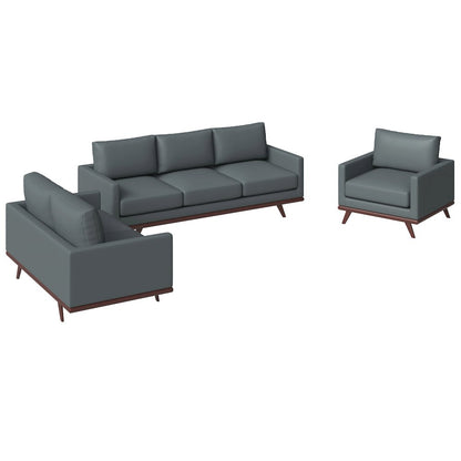Chester 3-Piece Leather Living Room Sofa Set with Birch Wood Base Grey