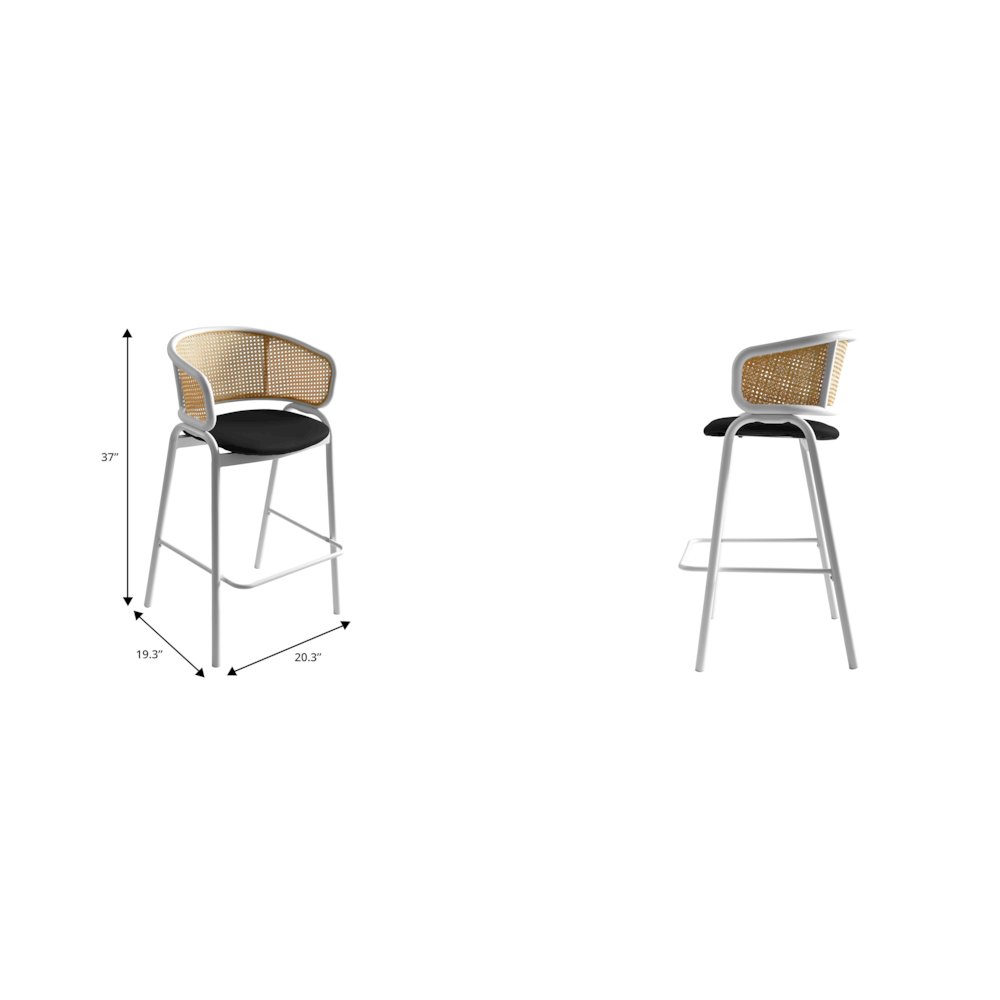 Ervilla Wicker Bar Stool with Fabric Seat and White Steel Frame - Black leather