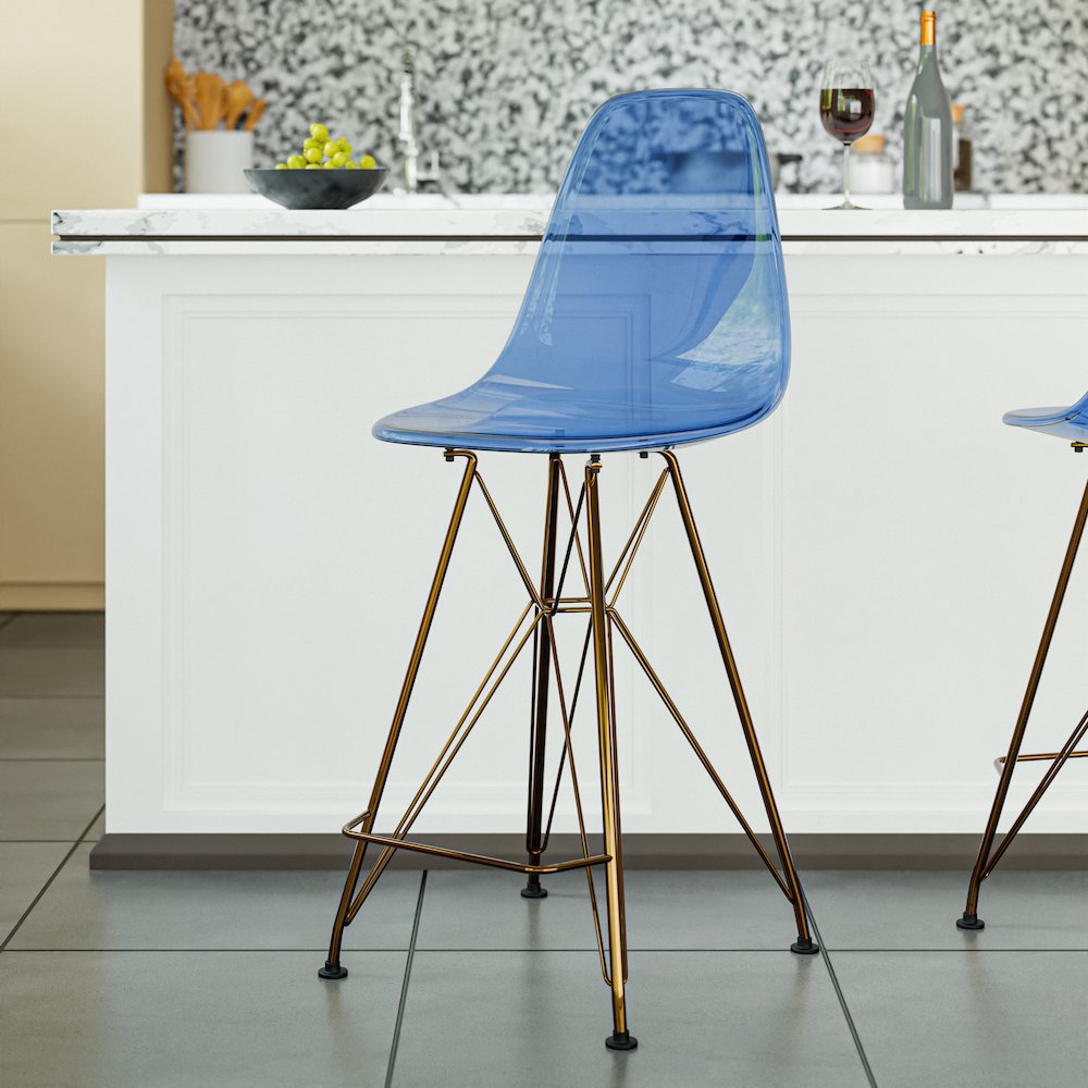 Cresco Counter Height Chair With Eiffel Gold Base In Transparent Blue
