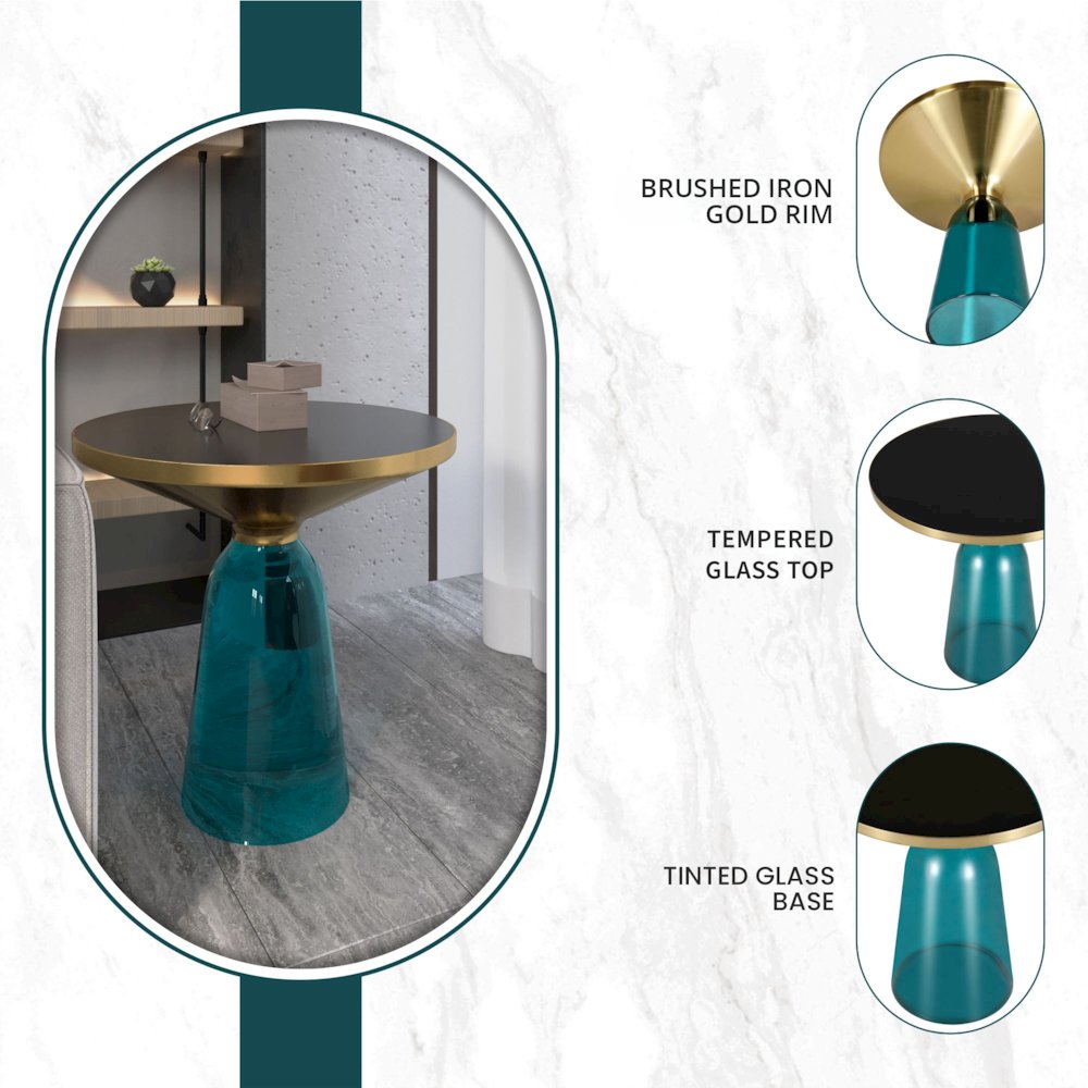 Tully Collection Glass side Table Blue glass, Gold Rim with Black Glass top
