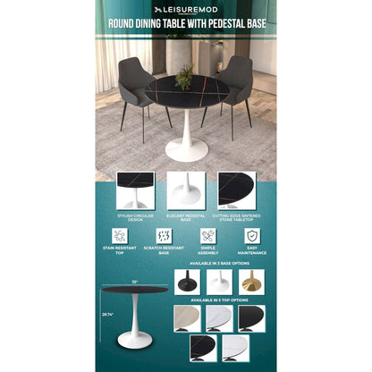 Bristol 35" round dining table White base with Black Sintered stone Top