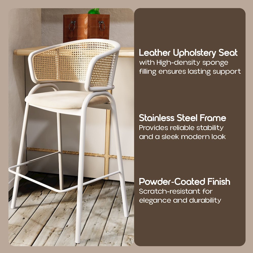 Ervilla Wicker Bar Stool with Fabric Seat and White Steel Frame - White leather