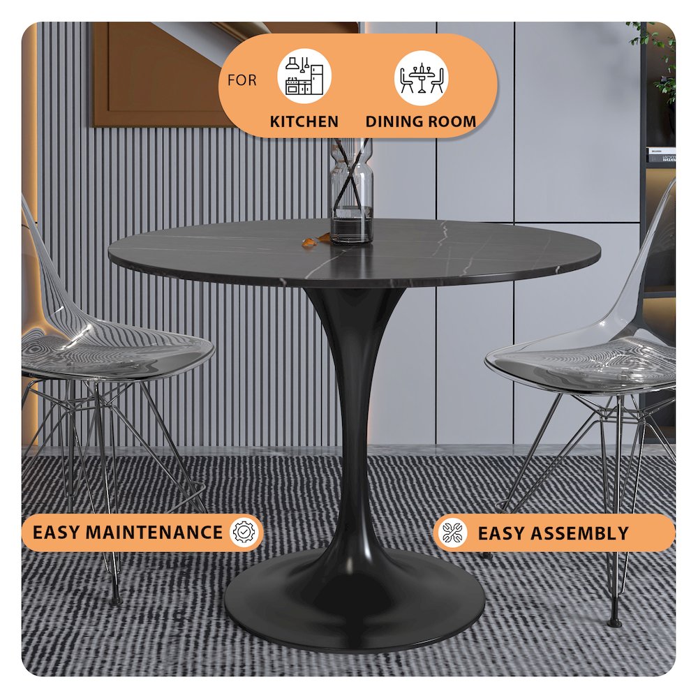 Verve Collection 36 Round Dining Table, Black Base with Sintered Stone Black Top