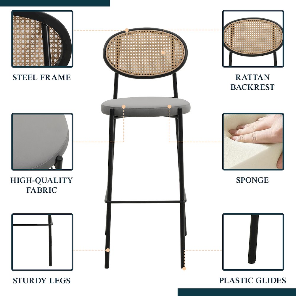 Euston Modern Wicker Bar Stool With Black Steel Frame, Set of 2 in Grey