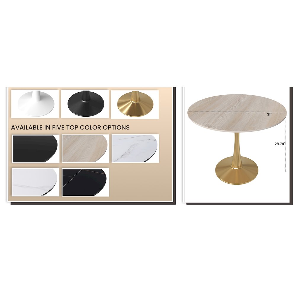 Bristol 31" round dining table Gold base with marbled MDF top