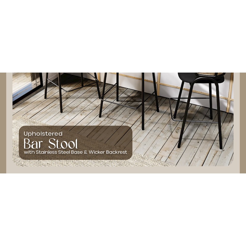 Ervilla Wicker Bar Stool with Fabric Seat and Black Steel Frame - Black Leather