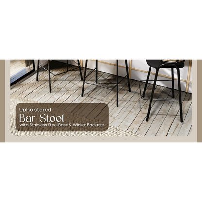 Ervilla Wicker Bar Stool with Fabric Seat and Black Steel Frame - Black Leather