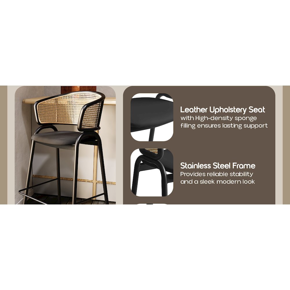 Ervilla Wicker Bar Stool with Fabric Seat and Black Steel Frame - Black Leather