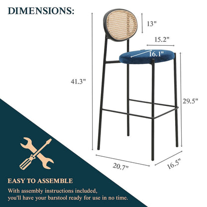 Euston Modern Wicker Bar Stool With Black Steel Frame in Navy Blue