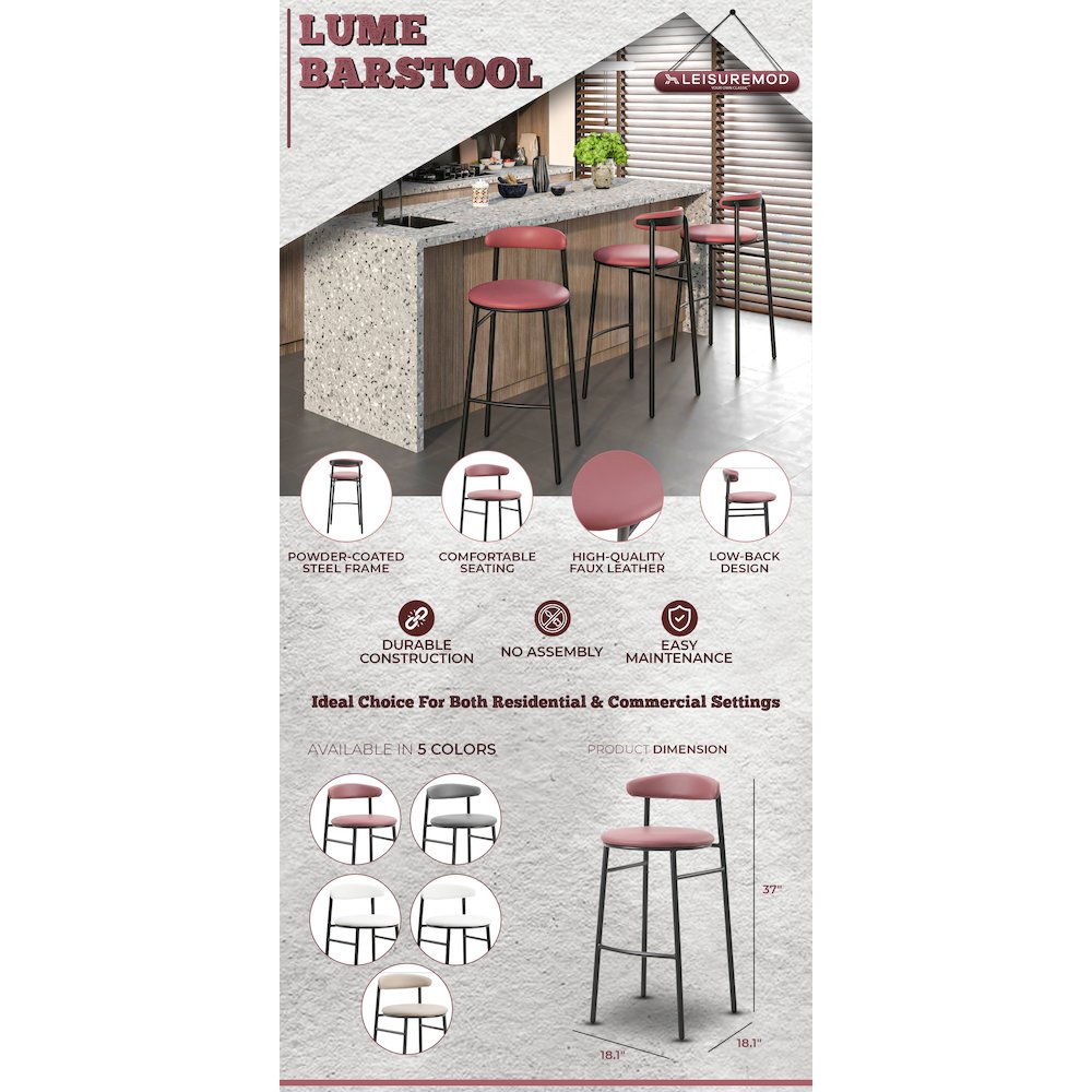 Lume Collection Modern Bar Stool in Burgundy
