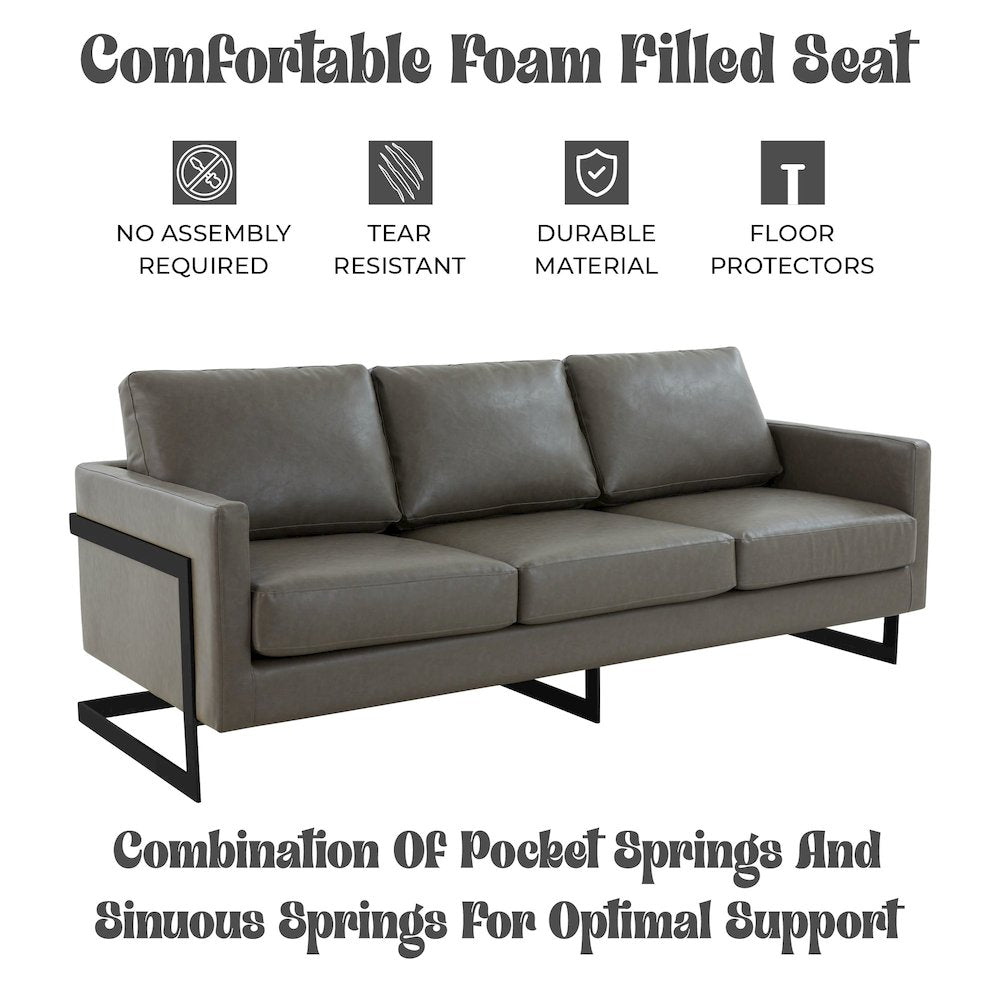 Lincoln Grey Leather Sofa With Black Frame