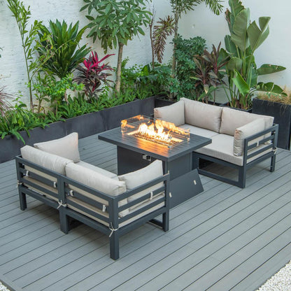 LeisureMod Chelsea 5-Piece Sectional Loveseat and Fireplace Set Black Aluminum with Cushions, Beige