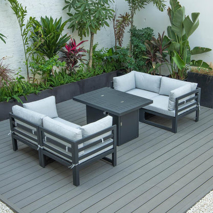 LeisureMod Chelsea 5-Piece Sectional Loveseat and Fireplace Set Black Aluminum with Cushions, Light Grey