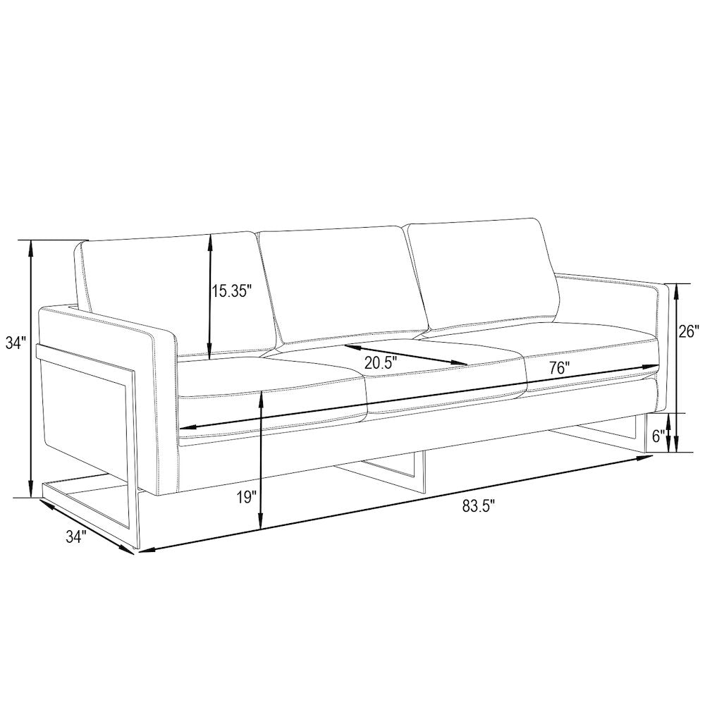 Lincoln Modern Mid-Century Upholstered Leather Sofa with Gold Frame
