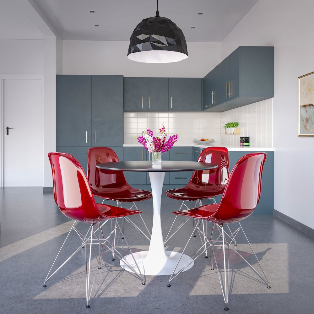 5-Piece Dining Set 35" Round Dining Table in Chrome - Transparent Red