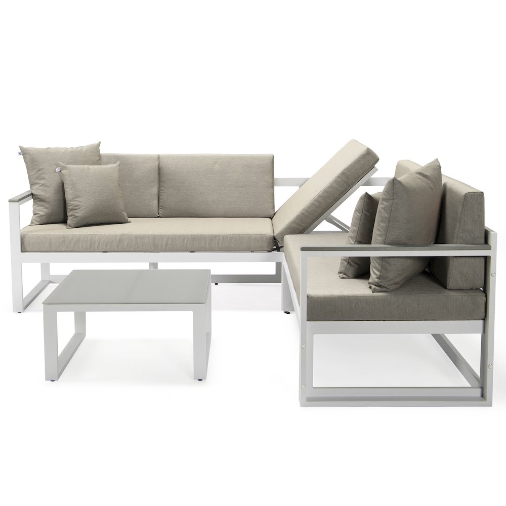 Chelsea White Sectional With Adjustable Headrest & Coffee Table With Cushions