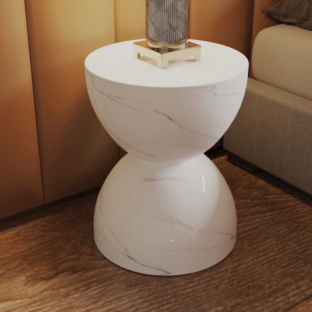 Sage Collection Fiberglass Outdoor Side Table in Marbled White