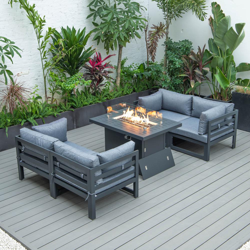 LeisureMod Chelsea 5-Piece Sectional Loveseat and Fireplace Set Black Aluminum with Cushions, Blue