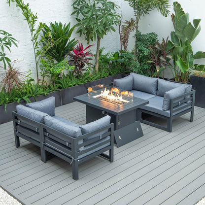 LeisureMod Chelsea 5-Piece Sectional Loveseat and Fireplace Set Black Aluminum with Cushions, Blue