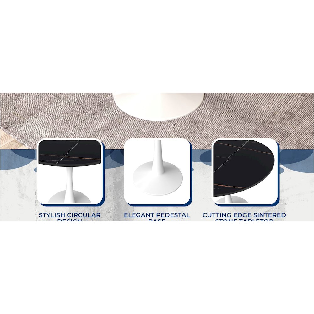 Bristol 40" round dining table White base with Black Sintered stone Top