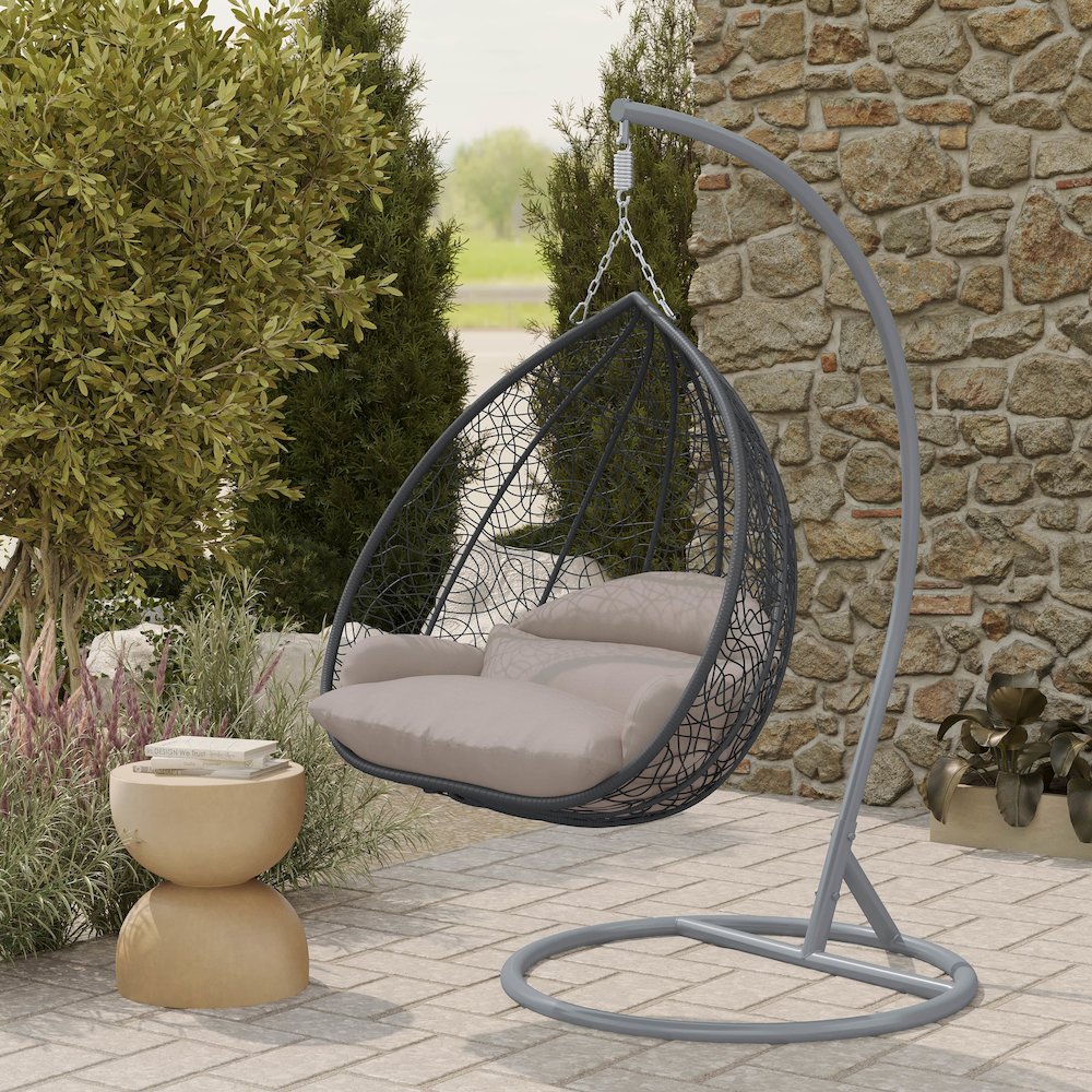 Recluse Collection Modern Outdoor Swing Chair Grey Frame with ES57 Beige Cushion