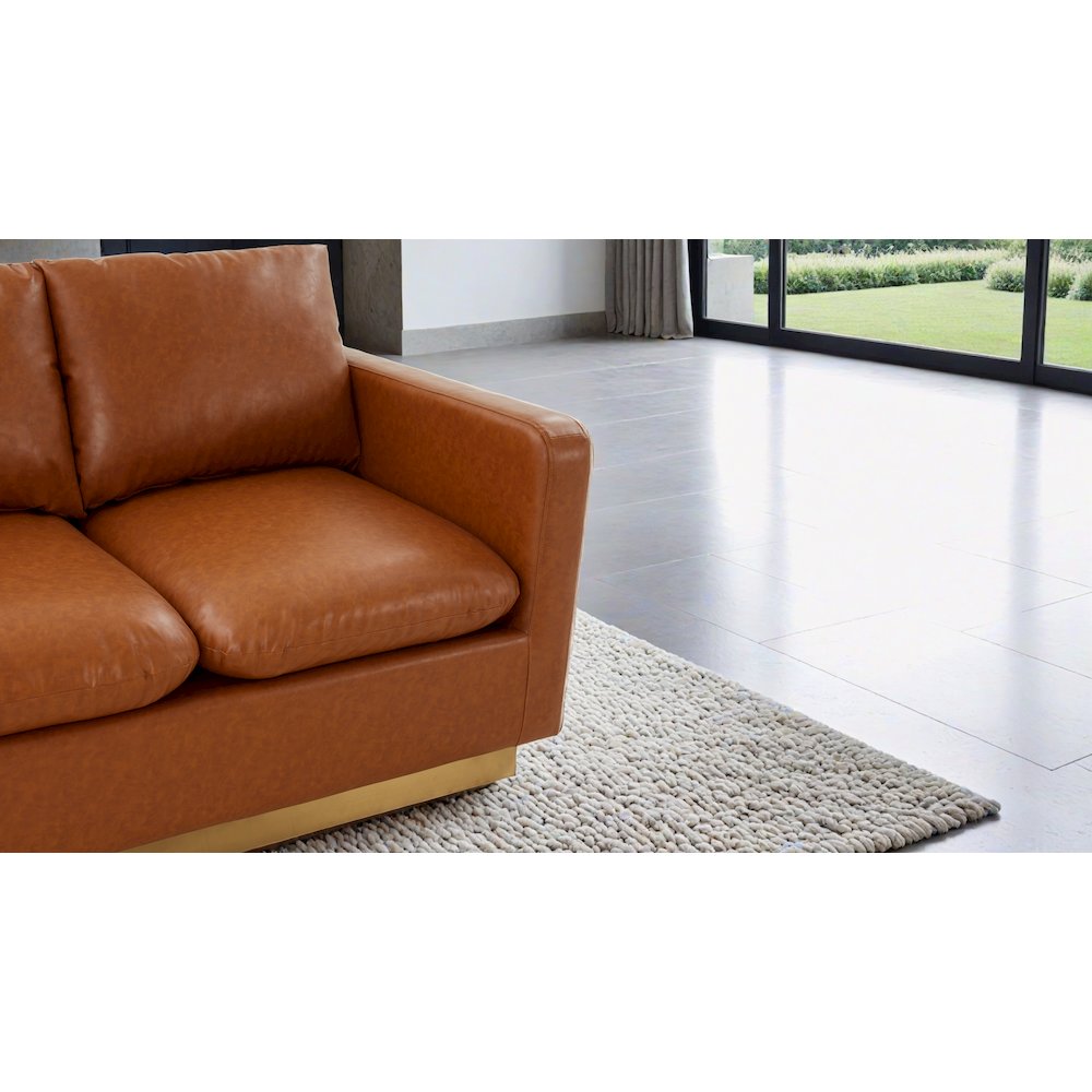 Nervo Modern Mid-Century Upholstered Leather Loveseat with Gold Frame