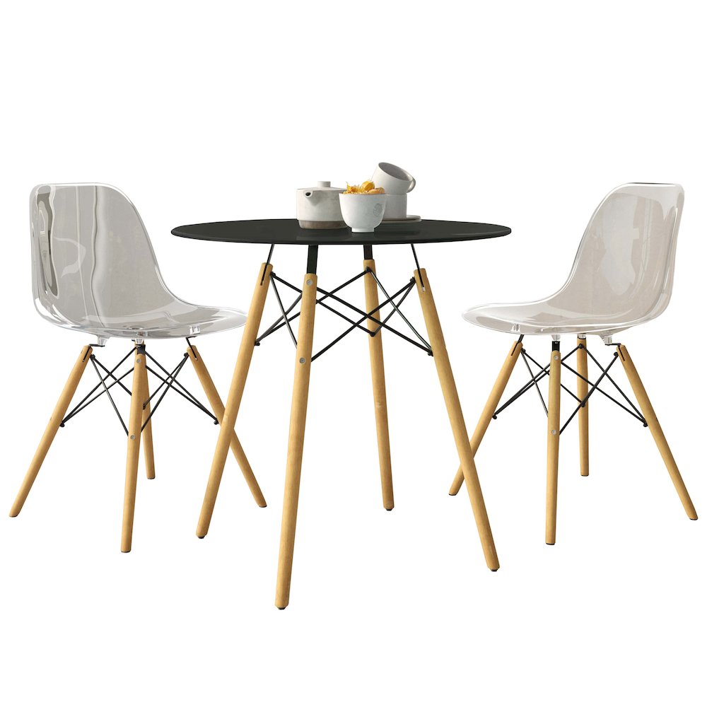 Dover 3-Piece Dining Set with Round Black MDF Top Bistro Table in Clear