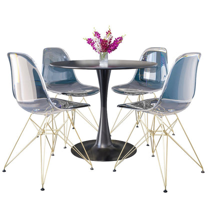 5-Piece Dining Set 35" Round Dining Table in Chrome - Clear