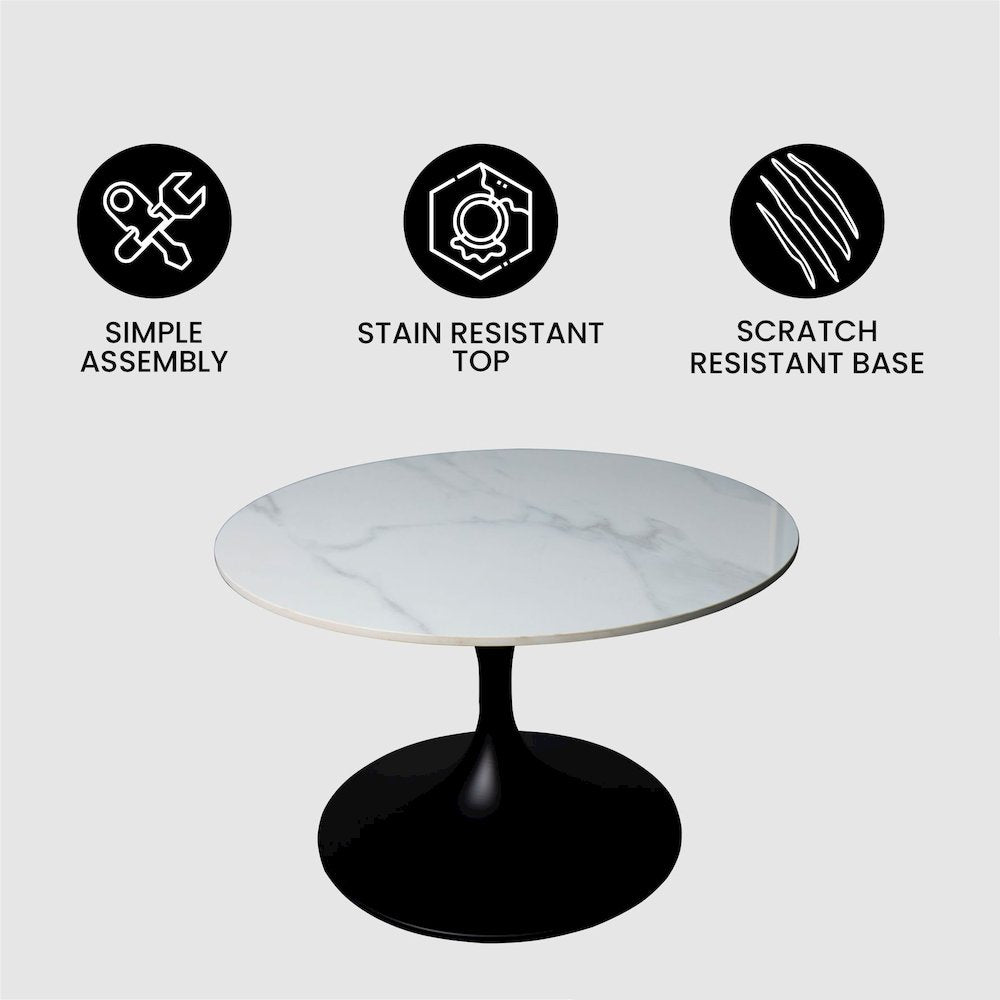 Verve Coffee Table Black base with 27" round White Sintered Stone top