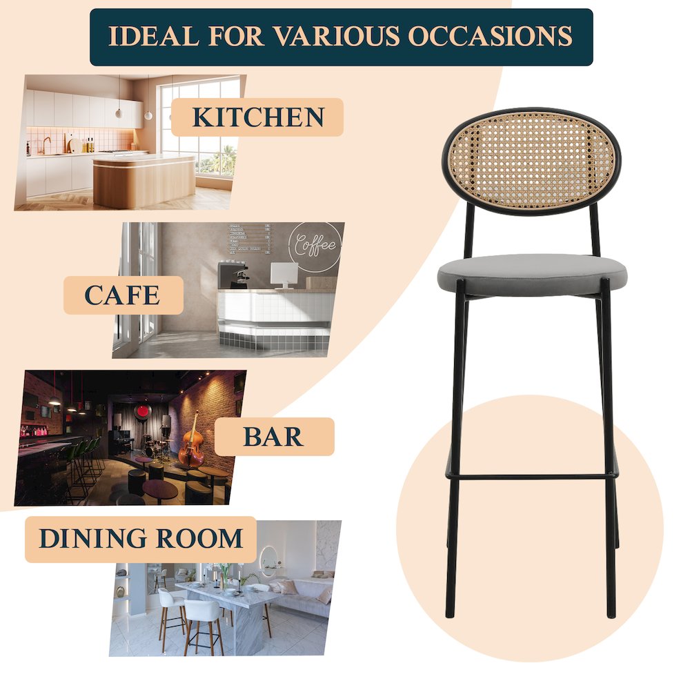 Euston Modern Wicker Bar Stool With Black Steel Frame, Set of 2 in Grey