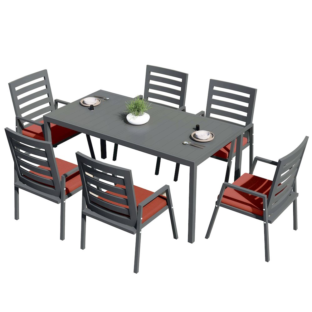 Chelsea 7-Piece Patio Dining Set 78-118" Wide Dining Armchair in Cherry Red