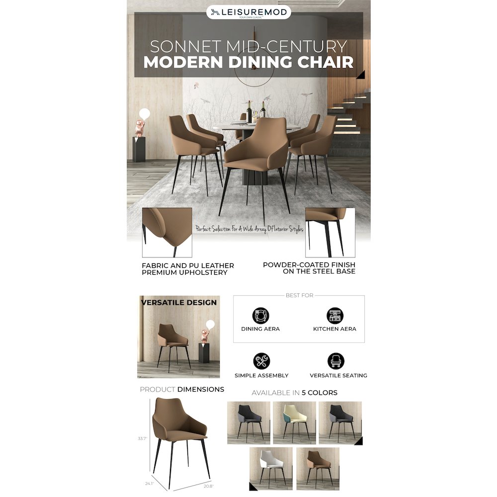 Sonnet Series Modern Dining Chair in Light Brown Fabric - Set of 2